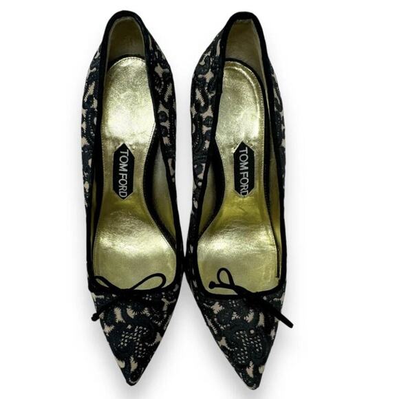 Tom Ford Stiletto Lace Heel Pumps 38.5 Embroidered Nude Bow High Heel Point Toe - Picture 4 of 9